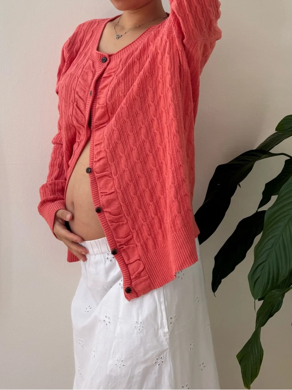 Eddie Bauer Cotton Blend Cable Knit Ruffle Accent Coral Pink Cardigan Size XL